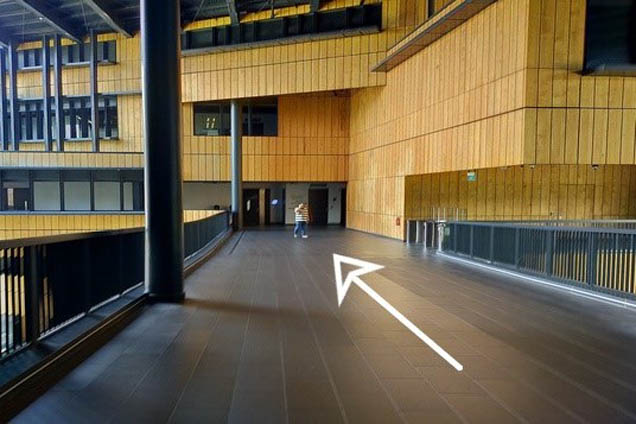 Walk along the link bridge. Active Learning Classroom 3-3 will be directly ahead