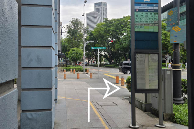Alight at Bencoolen Station Exit B Bus Stop (Stop ID: 08069) and follow the arrow