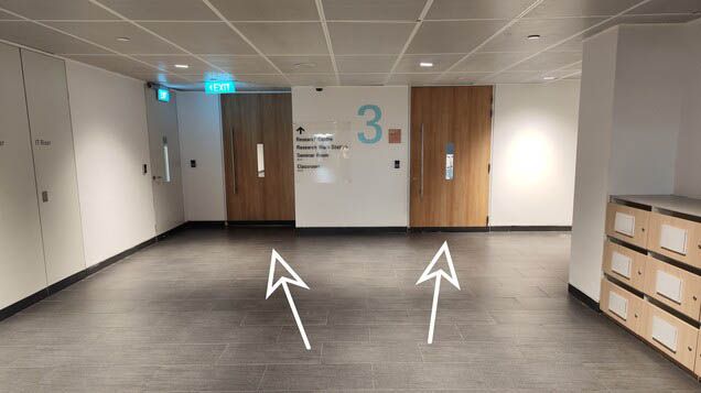 5. The left door leads to Seminar Room B2-01, and the right door leads to Classroom B2-03